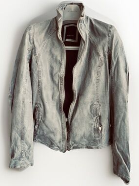 Mauritius Lamb Leather Moto Jacket Winter Sky Distressed Grey Blue Sz M US 8
